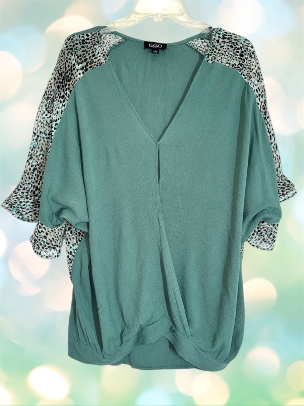 GIGIO Teal V-Neck Wrap Style Dolman Blouse with Leopard-Print Sleeve Detail L